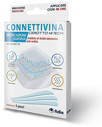 Connettivina cerotto Hi Tech Fidia farmaceutici | Formato 6x7 cm | Per escoriazioni, piccoli tagli e scottature | Imbevuto con Acido ialuronico sale sodico