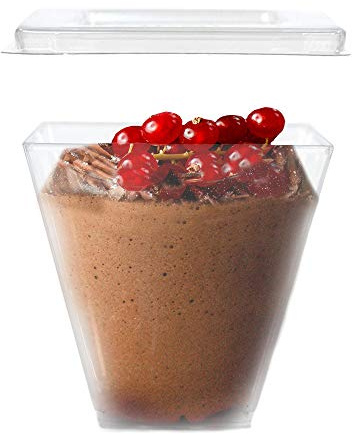 PZ 50 MONOPORZIONE FORMA CUBO CC 150 + COPERCHIO ELEGANTE IN PLASTICA TRASPARENTE IDEALE PER DOLCI FRUTTA MOUSSE GLASSE