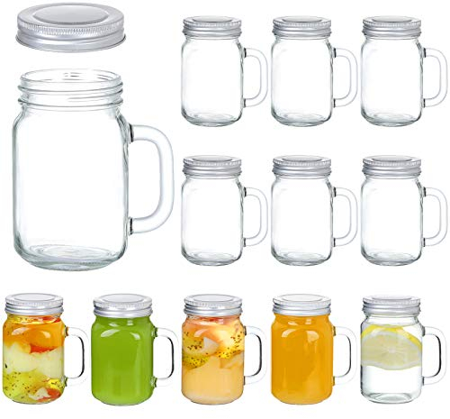 8oz Mason Jar Mug with Handle and Golden Lids ,Set of 12 Old Fashioned Drinking Glass for Beverages, Decoration, Storage, Party Favors, Cocktails, Floats, Centerpieces and more