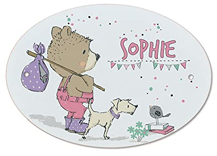 FEENSTAUB Türschild Kinderzimmer Babyzimmer mit Name personalisiert, Wanderbär, Namensschild Tür, Schrank, Türnamenschilder Kinderzimmer, Türbeschilderung, ovales Schild Kunststoff, Türdeko