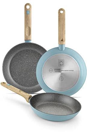 BRA Nordik | Set de sartenes 18-22-26 cm de diseño nórdico de aluminio forjado con antiadherente, aptas para todo tipo de cocinas incluida inducción, color turquesa