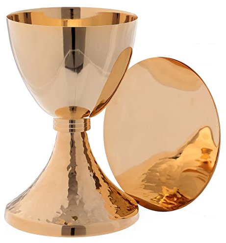 Holyart Hammered chalice and paten in gold plated brass 6 1/4 in