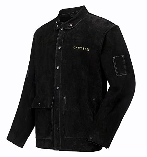 ONETIAN Veste de soudage en cuir noir, manteau de protection pour soudeur, veste de sécurité de travail FR, résistante à la chaleur et aux flammes (M)
