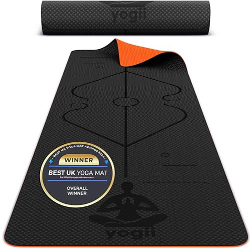 Yogii Yoga Mat - Non-Slip 6mm Thick TPE & Travel-friendly Yoga Mat - Perfect for Home & Gym Exercise Fitness & Pilates - With Laser Alignment Guides (Black/Orange) for Men & Women