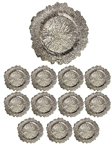 Generico 12x Sottopiatti Bordo FIORE SMERLATO Tondo 33 cm Natale cenone sotto Piatto Natalizio Capodanno Natale Cena Aperitivo Rosso Oro Argento Rame (Argento)