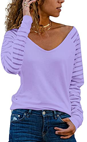 Homlan Blusa de Rayas, de Manga Larga, para Mujer, Cuello de Pico, de Malla, Suelta, Elegante, Informal