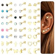 LOLIAS 24 Par Örhängen i Kirurgiskt Stål - Platt Baksida, Skruv Tillbaka Knoppörhängen Med CZ, Opal, Månsten, Turkos, Boll, Stjärna, Hjärta, Pärla, Blomma - Små Silverörhängen för Kvinnor och Flickor