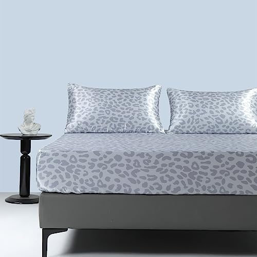 Spannbettlaken 140x200cm Boxspringbett Satin Leopardenmuster Sommer Blau Hellblau Bettlaken Satin Glänzend Seide Spannbetttuch Muster 140 x 200 Spannbetttücher Leintuch für Hohe Matratze bis 25-30 cm