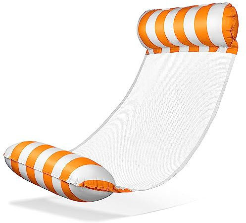 Balinco Amaca galleggiante con rete, gonfiabile, con braccioli, utilizzabile come materassino, lettino relax galleggiante, giocattolo acquatico per bambini e adulti, colore: arancione e bianco