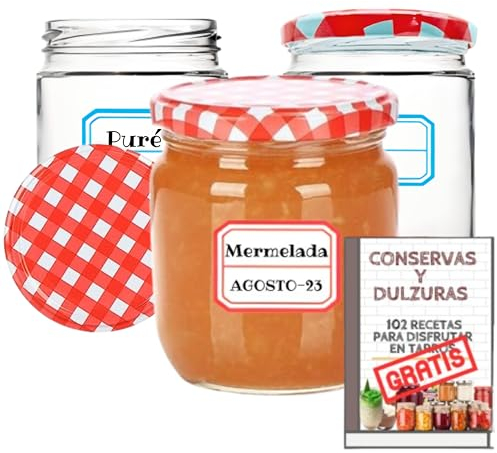 Awiku 12 vasetti di vetro da 250 ml con coperchio a vite ermetico in metallo + Ebook da 102 ricette - barattoli per poterini, conserve, dolci, marmellata, yogurt, salse, con etichette