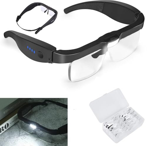 5 Lens Head Magnifier with 3 Lights, Hands Free Magnifying Glasses for Reading Craft Work Hobbies, Usb Rechargeable Eyeglass Magnifier with Led Light Magnifying Eyewear 4X 3X 2X 1.25X 0.75X