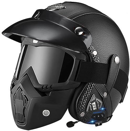 Casco Moto Vintage Stile Aperto Mezzo Bluetooth Casco In Pelle, Casco Scodella Moto Casco Caschi Cromwell Con Maschera Occhiali Retrò Casco Jet E Demi-Jet Casco Per Uomo Donna