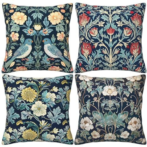 LOHDALOLF William Morris kuddfodral 45 x 45 cm set med 4 fåglar blommor kuddfodral vintage konstmålning dekorativa kuddöverdrag för soffa soffa soffa