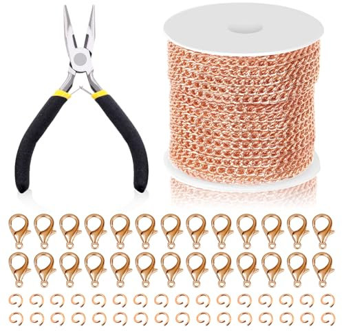 Swpeet Set di 102 collane fai da te, 9,1 m di lunghezza x 3 mm, 102 pezzi, con anellini aperti, chiusura a moschettone e pinza per gioielli, colore oro rosa