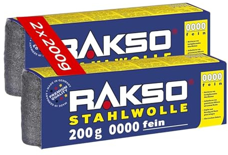 RAKSO Stahlwolle extrafein 0000-400 g, 2 Banderolen à 200g, poliert gewachstes Holz, Kupfer, Messing, mattiert Oberflächen, säubert Glas