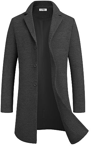 COOFANDY Mens Wool Blend Coat Winter Trench Coats Notched Lapel Collar Single Breasted Overcoat Classic Peacoat With Pockets, Dark Grey, 3XL