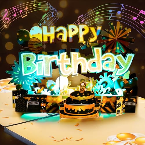 GREETING ART Geburtstagskarte mit Lichtern und Musik, Geburtstagskarte Pop Up Kuchen Geburtstagskarten,Happy Birthday Karte für Frau Mann Freundin