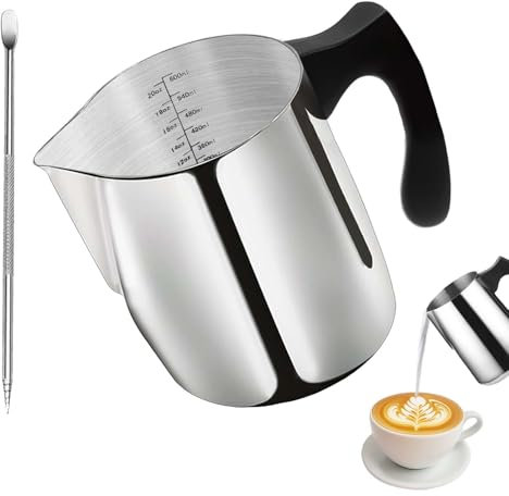 Daily Treasures 20oz Milk Frothing Pitchers with Black Plastic Handle,Anti-Scald Metal Milk Jug and Latte Decorating Art Pen,600ml Milk Steaming Jug,304 Stainless Steel Espresso Milk Jug for Coffee