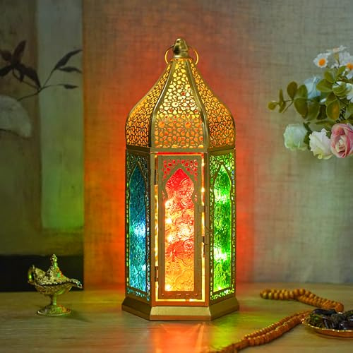 Petite Lanterne Marocaine décorative en métal Vintage Oriental pour Jardin, Bougie Chauffe-Plat Arabe à Suspendre avec Verre trempé pour décoration d'intérieur ou d'extérieur