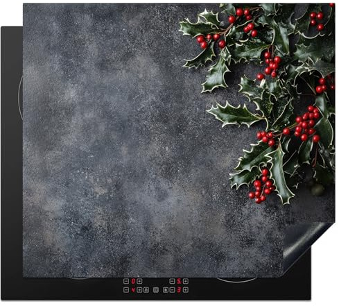 KitchenYeah© Herdabdeckplatte Einteilig Herdabdeckung Abdeckplatte für | 59x51 cm - Ceranfeld Abdeckung Induktionskochfeld Aufrollbare Matte Weihnachten - Zweige - Winter - Rot
