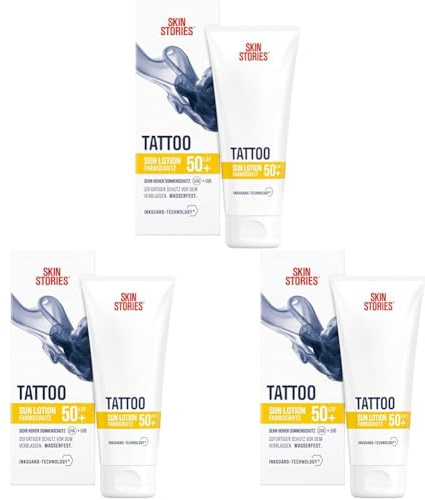 SKIN STORIES Sun Lotion LSF 50+ (100 ml), Tattoo-Farbschutz Sonnencreme mit InkGuard-Technology®, sehr hoher Tattoo Sonnenschutz mit Panthenol und Vitamin E gegen das Verblassen von Tattoo-Farben