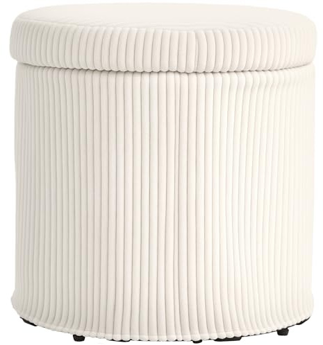 HOMCOM Pouf Rangement 32 L Pouf Salon Tabouret de Coiffeuse en Velours côtelé avec Couvercle et Pieds en Acier, Repose Pied Rond jusqu'à 120 kg, pour Couloir, Chambre, Salon, Beige