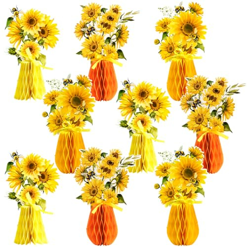 SUNBEAUTY 9PCS Sunflower Honeycomb Table Decorations Autumn Wildflowers Centerpieces for Tables Orange Yellow Table Toppers for Harvest Festival Garden Party Office Baby Shower Birthday Home Decor