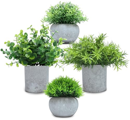 CHDITB 4 Pcs Mini Potted Artificial Plants,Fake Greenery Plastic Plants In Pots,Faux Green Grass Potted Eucalyptus,Greenery Bathroom Accessories,Fake Plant for House Office Balcony Desk Indoor