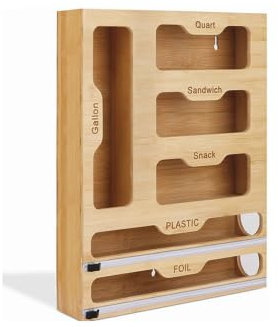 6 in 1 Foil Dispenser and Cutter, Kitchen Roll Cling Tin Foil Film Dispenser and Cutter Organiser Storage Holder Made of Bamboo with Cutter Bag for Kitchen Drawer Countertop