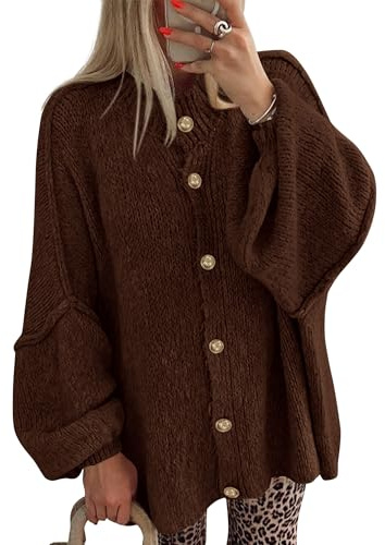 BTFBM Cardigan Sweaters for Women 2026 Fall Clothes Lantern Long Sleeve Button Open Front Chunky Knit Oversized Sweater(Brown, Small)
