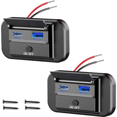 Intckwan 12V USB-Steckdose, 54W, Reiport-Ladegerät mit Simultaner Schnellladung (QC3.0 + PD) und EIN-/Ausschalter, USB-Einbaubuchse für 12–24V Auto, LKW, Boote, Wohnwagen (2 Stück)