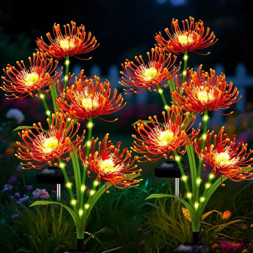 Luces solares decorativas para jardín, paquete de 4 flores solares de lirio araña al aire libre, 12 cabezas mejoradas, flores impermeables con tallos brillantes, regalos de jardinería para mujeres