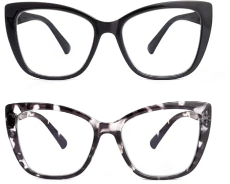 SKYWAY 2er-Pack Übergröße Lesebrille Damen, Groß Mode Quadratische Cat Eye Computerbrille Blaulichtfilter Brille mit Sehstärke