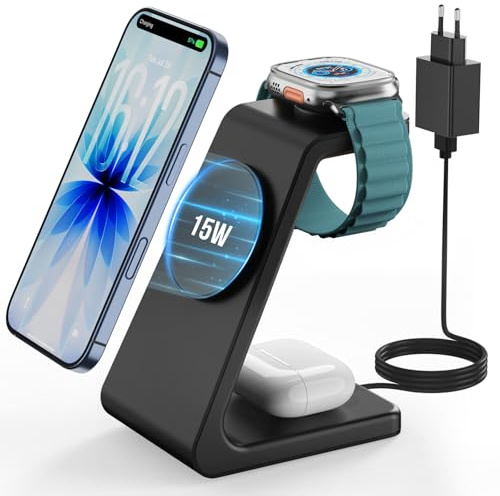 GEEKERA 3-in-1 Ladestation mit MagSafe, 15W Schnell Induktive Ladegerät für iPhone Air/17/16/15/14/13, Schnellladegerät für Apple Watch 11-2, Fast Charger Station für AirPods, Schwarz