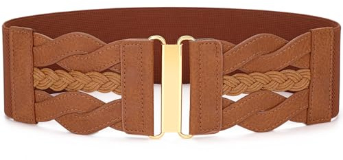 VONMELLI Vintage Dehnbarer Gürtel für Damen Breite Elastische Taillengürtel für Kleider Mäntel, Mode Damen Gürtel mit Goldener Schnalle Braun, Passt Taillenumfang 86-94cm