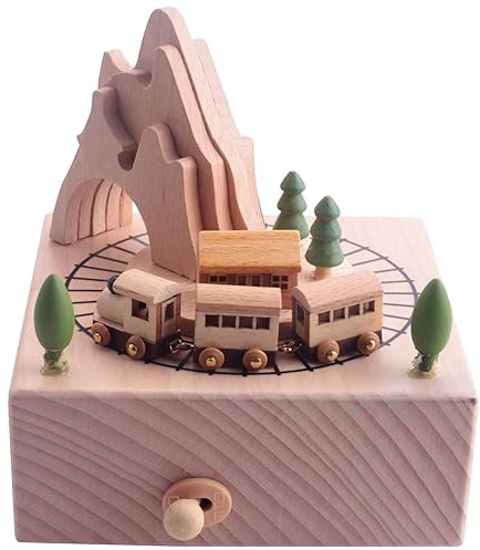 Qusedwey Wooden Scatola Musicale con Tunnel di Montagna con Un Piccolo Treno Magnetico nel Movimento Riproduce