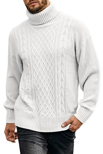 KBOPLEMQ Maglione a collo alto, da uomo, con motivo a treccia, maglione a collo alto, maglia fine, slim fit, maglione invernale da uomo, maglione a maglia, spesso e caldo in cashmere, O bianco., 3XL