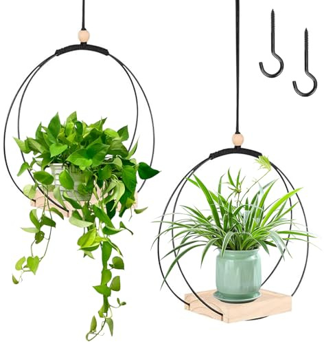TW1TGOFT 2Pack Hanging Plant Holder - Hanging Flower Holder Plants Holder Plant Hanger Metal Ring with Wooden Base & Hooks Indoor/Outdoor for Window Wall Celling Boho Decor (Black Wooden)