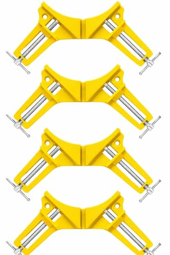 Corner Clamps for Woodwork 4 Pack, 90 Degree Right Angle Clamp, Heavy Duty Precision Adjustable Stainless Steel Aluminium Alloy Yellow Positioning Squares Set for Picture Frames, Glass Fish Tank