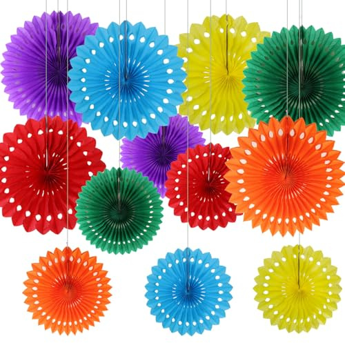 12 Stück Papier Fächer Bunt,Regenbogen Papierfächer Hängend für Faschingsdeko Karnevalsdeko,Hochzeitsdekorationen, Geburtstagsfeier,Gartenparty Deko