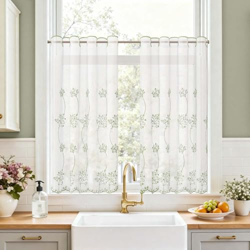 TOPICK Linen Net Kitchen Cafe Curtains, Green Floral, W36 xL36, 2 Panels