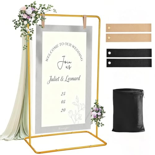 Support de plaque de bienvenue de mariage, support de plaque de mariage avec 4 sangles en cuir, hauteur réglable (136 cm/173 cm), pour panneau de bienvenue, affiches, plans de siège, tableau de