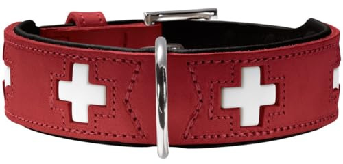 HUNTER Hundehalsband SWISS, hochwertiges Rindsleder, handgenäht, schweizer Kreuz, elegantes Design, angenehm weich, komfortabel, langlebig, Made in Germany, Farbe: rot/schwarz, Größe: 65