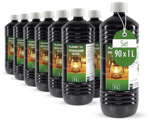 Höfer Chemie FLAMBIOL Gereinigtes Petroleum 90 x 1 L Heizöl | Entaromatisierte Qualität - Für Campingheizung, Petroleumlampe & Grillanzünder - Rußfreie Verbrennung