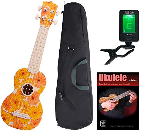 Classic Cantabile BeachBuddy Beachflower Ukulele Set inkl. Tuner und Schule | Classic Cantabile Sopran-Ukulele, Trotzt Feuchtigkeit und Temperaturschwankungen, Sopran Mensur, 12 Bünde, Gewicht: nur 425g