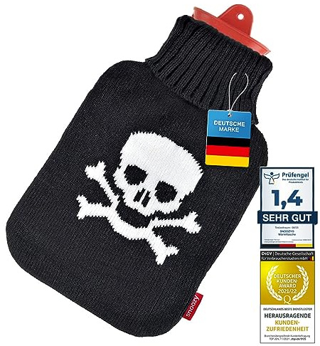 SNOOZY® Wärmflasche XXL 2 Liter, 100% Naturkautschuk Piraten, dicht | Spendet langanhaltende Wärme bei Bauchschmerzen, extrem langlebige große Wärmeflasche, 30x20 cm, robustes Naturgummi pur