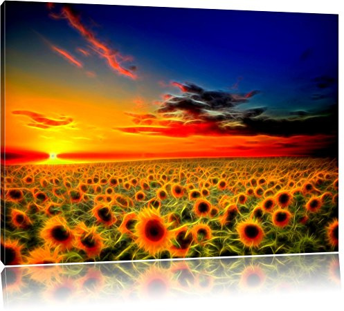 Pixxprint farbenfrohes weites Sonnenblumenfeld, Größe: 60x40cm, Leinwandbild, fertig gespannt, Wandbild, Dekoration, Kunstdruck, kein Poster