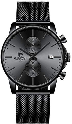 GOLDEN HOUR Orologio da uomo, alla moda, sportivo, analogico, al quarzo, in acciaio inox, impermeabile, cronografo, data automatica in lancette grigie, colore: nero