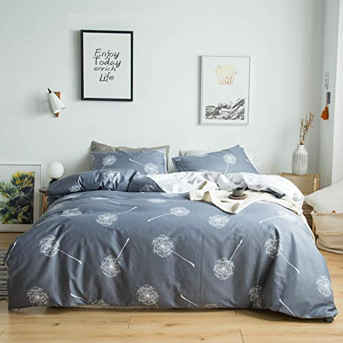 YuHeGuoJi Dandelion Flower Duvet Cover King 100% Cotton 3 Pcs Set 1 Countryside White Grey Floral Duvet Cover with Zipper Ties 2 Pillowcases Farmhouse Reversible Botanical Bedding Set Soft