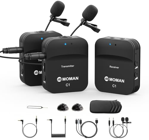 Wireless Lavalier Microphone, MOMAN C1X 2.4G Lapel Mic System for Camera DSLR, Camcorder Canon Sony Nikon 70m Transmission, Radio Microphones Compatible for iPhone/Andorid Mobile Phone, Laptop, Tablet